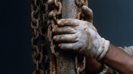 A man wearing gloves is holding a chain. The chain is rusty and dirty. The man's hands are covered in grease and dirt. Concept of hard work and manual laborの素材