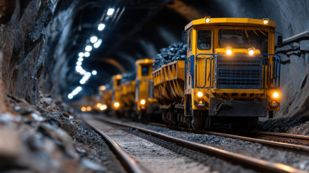 A train is traveling through a tunnel with a yellow caboose. The train is carrying a lot of cargo, and the tunnel is darkの素材