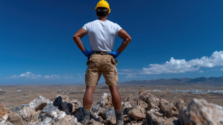 A man in a hard hat stands on a rocky hill, looking out over a vast, empty landscapeの素材