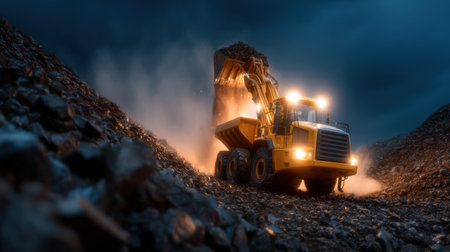 A large yellow construction vehicle is driving through a rocky area. The vehicle is surrounded by a lot of dirt and rocks, and it is moving through a construction site. The scene is dark and moodyの素材