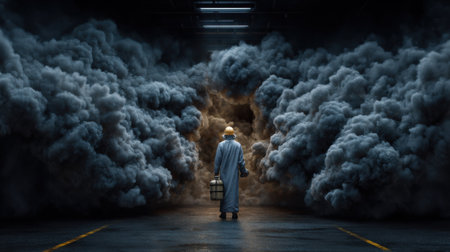 A man is walking through a cloud of smoke, holding a briefcase. The scene is dark and ominous, with the smoke creating an eerie atmosphereの素材