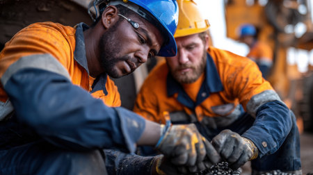 Two men in orange and blue work clothes are sitting on the ground. One of them is wearing a hard hatの素材