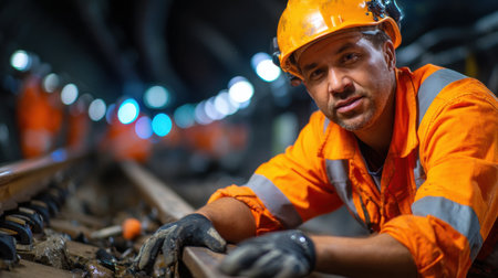 A man in an orange safety suit is leaning on a train track. He is wearing a hard hat and safety glassesの素材
