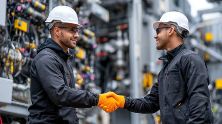 Two men shake hands in a factory. One of them is wearing a hard hat. Scene is professional and friendlyの素材