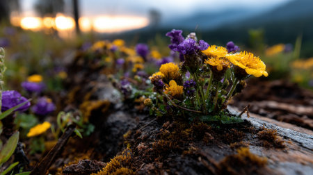 A log with a bunch of flowers growing on it. The flowers are yellow and purple. The log is surrounded by grass and there is a mountain in the backgroundの素材
