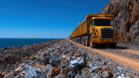 A yellow truck is driving down a rocky road near the ocean. The truck is carrying a large load of rocksの素材