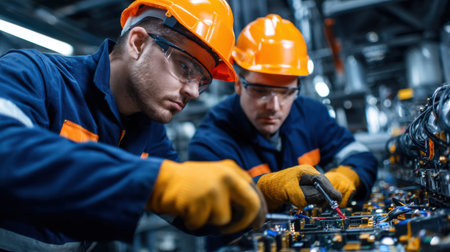 Two men in orange hard hats are working on a machine. They are wearing gloves and safety gearの素材