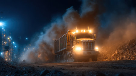 A large truck is driving down a dirt road with smoke coming out of its back. The scene is dark and moody, with the smoke adding to the sense of danger and uncertaintyの素材