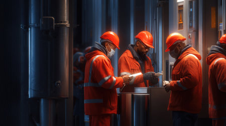 A group of men in orange safety gear are looking at a piece of equipment. Scene is serious and focused, as the men are likely discussing important safety procedures or technical detailsの素材