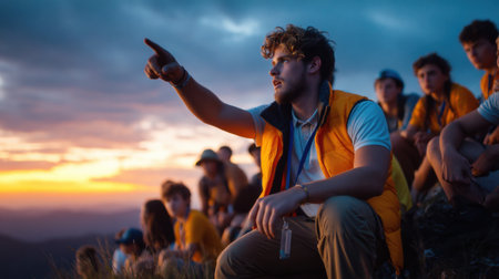 A man in an orange vest points to the sky as a group of people look on. The scene is set at sunset, with the sky turning a beautiful shade of orangeの素材