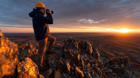 A man is taking a picture of the sunset from a rocky mountain. The sky is orange and the sun is settingの素材