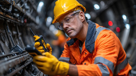 A man in a yellow helmet and orange safety jacket is looking at a device. He is wearing a yellow gloveの素材