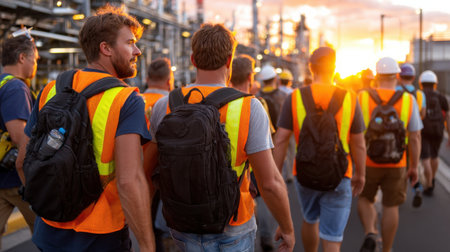 A group of workers wearing orange vests and backpacks are walking down a street. They are all wearing backpacks and vests, and they are walking in a lineの素材