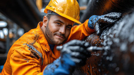 A man in a yellow safety helmet and orange work clothes is painting a pipe. He is smiling and he is enjoying his workの素材