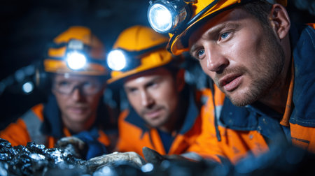 Three men in orange and black safety gear are looking at something. They are wearing helmets and glovesの素材
