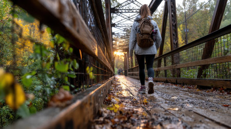 A woman is walking across a bridge with a backpack. The bridge is surrounded by trees and the leaves are fallingの素材