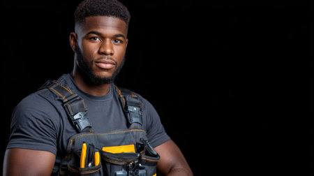 A man with a beard and a black vest stands in front of a black background. He looks serious and focusedの素材