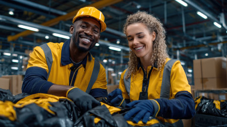 Two people in yellow safety vests are smiling at the camera. They are in a factory setting, possibly working on a projectの素材