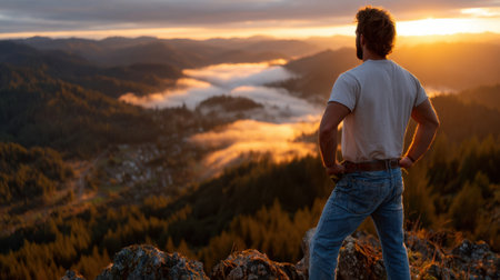 A man stands on a mountain top, looking out over a foggy valley. The scene is serene and peaceful, with the man's gaze fixed on the horizonの素材