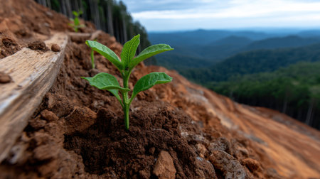 A small plant is growing in the dirt on a hillside. The plant is surrounded by dirt and rocks, and it is the only green thing in the scene. Concept of growth and resilienceの素材