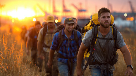 A group of men are hiking through a field with a sunset in the background. They are all wearing backpacks and are walking in a lineの素材