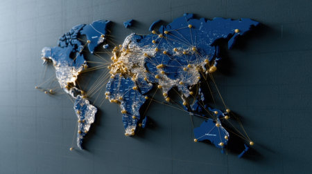 A blue globe with a map of the world and a lot of lines and dots on it. The globe is surrounded by a blue wallの素材