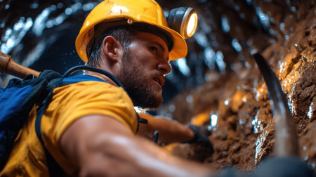 A man in a yellow shirt and a hard hat is digging in the dirt. He is holding a pickaxe and a shovelの素材