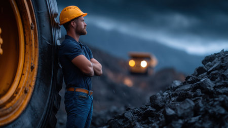 A man in a yellow helmet stands next to a large yellow tire. The tire is surrounded by a pile of rocks. The man is looking at the camera with a serious expression. Concept of danger and cautionの素材