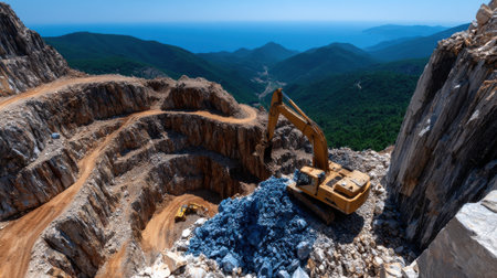 A large yellow excavator is working in a quarry. The quarry is surrounded by mountains and the sky is blueの素材