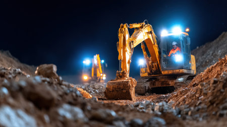 A group of construction vehicles are working in the dark. The vehicles include a large excavator and a smaller one. The scene is set in a rocky area, with the vehicles digging into the groundの素材