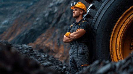 A man in a black shirt and orange gloves stands next to a large tire. He is wearing a hard hat and he is a construction workerの素材