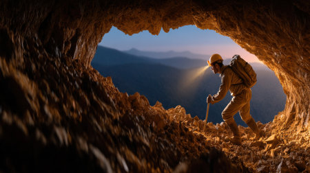 A man in a yellow helmet is walking through a cave. The cave is dark and the man is using a flashlight to seeの素材