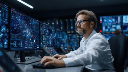 A man in a white shirt is sitting in front of a computer monitor, typing on a keyboard. He is wearing glasses and he is focused on his work. Concept of concentration and productivityの素材