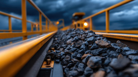 A train track with a pile of rocks on it. The rocks are black and the train is in the backgroundの素材