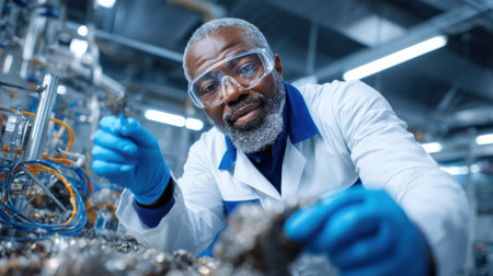 A man in a lab coat is wearing blue gloves and looking at something. He is wearing a lab coat and gogglesの素材