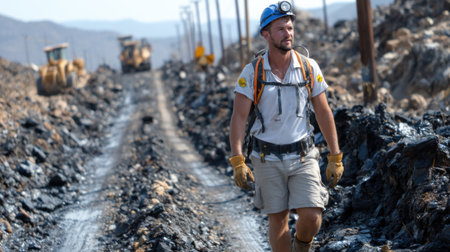 A man wearing a hard hat and a backpack walks down a dirt road. The road is lined with large trucks and the man is walking past them. The scene is industrial and rugged, with a sense of hard workの素材
