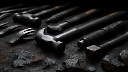 A collection of black tools, including hammers and wrenches, are laid out on a stone surface. Scene is one of craftsmanship and manual labor, as these tools are often used for buildingの素材