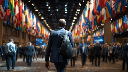 A man walks through a crowded room with many people and flags hanging from the ceiling. The man is carrying a black backpack and he is focused on his destination. Concept of busyness and movementの素材