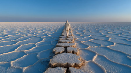 A man walks across a snowy desert. The sky is blue and the snow is white. The man is wearing a white suitの素材