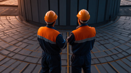 Two men in orange and blue safety gear are standing next to each other. They are wearing hard hats and are looking at somethingの素材