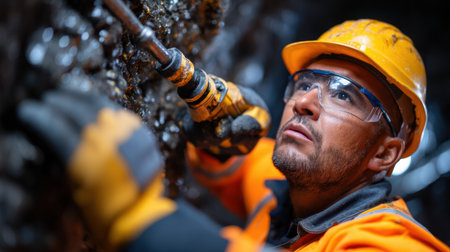 A man in a yellow helmet and orange safety gear is drilling into a rock. He is wearing a hard hat and safety glassesの素材