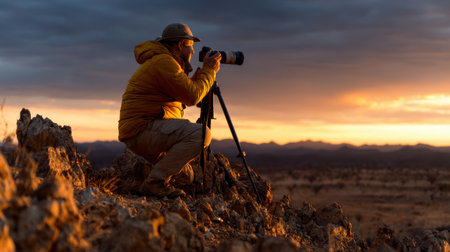 A man in a yellow jacket is taking a picture of a sunset. The sky is orange and the sun is settingの素材