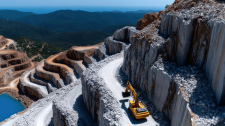 A yellow excavator is driving down a rocky road. The road is surrounded by mountains and there is a lake in the background. The scene is rugged and wildの素材