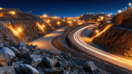 A winding road with a mountain range in the background. The road is lit up with bright lights, creating a sense of excitement and adventure. The lights are scattered along the roadの素材