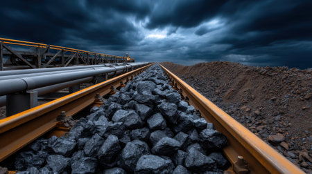 A train track with a lot of rocks on it. The rocks are scattered all over the trackの素材