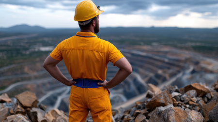 A man in a yellow safety suit stands on a rocky hill overlooking a large mining site. He is looking out over the area with a sense of awe or admirationの素材