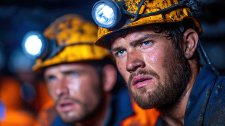 Two men wearing yellow hard hats are standing next to each other. One of them has a beard and is looking at the cameraの素材