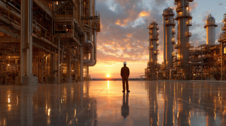 A man stands in front of a large industrial plant with a sunset in the background. Concept of awe and wonder at the sheer size and complexity of the plant, as well as the beauty of the sunsetの素材