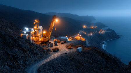 A large construction site with a crane and a lot of trucks. The area is near the ocean and the sky is darkの素材
