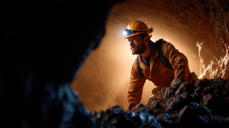 A man in a yellow helmet is looking into a cave. The cave is dark and the man is using a flashlight to seeの素材